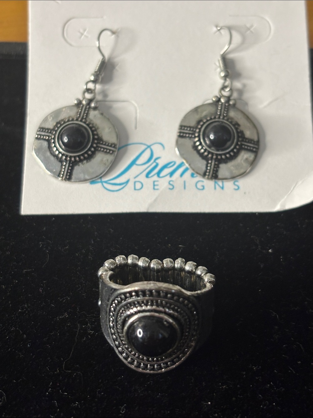 Premier Designs Silver-Tone Earrings and Ring 8 with Black Cabochon Accents